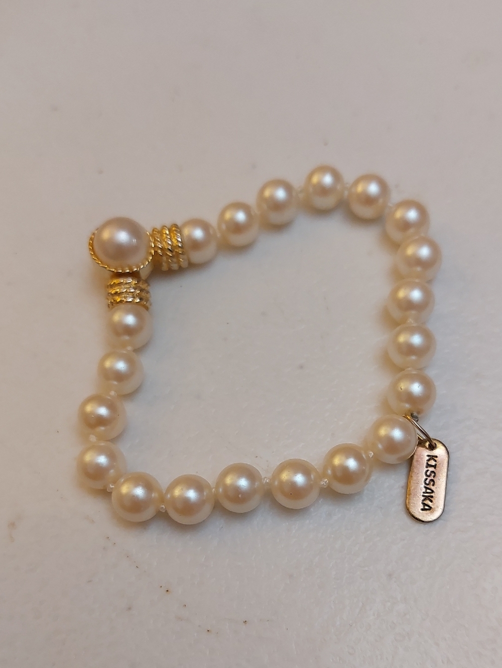 Vintage Kissaka Elegant Faux Pearl Bracelet Accented With Gold Tone And Crystals